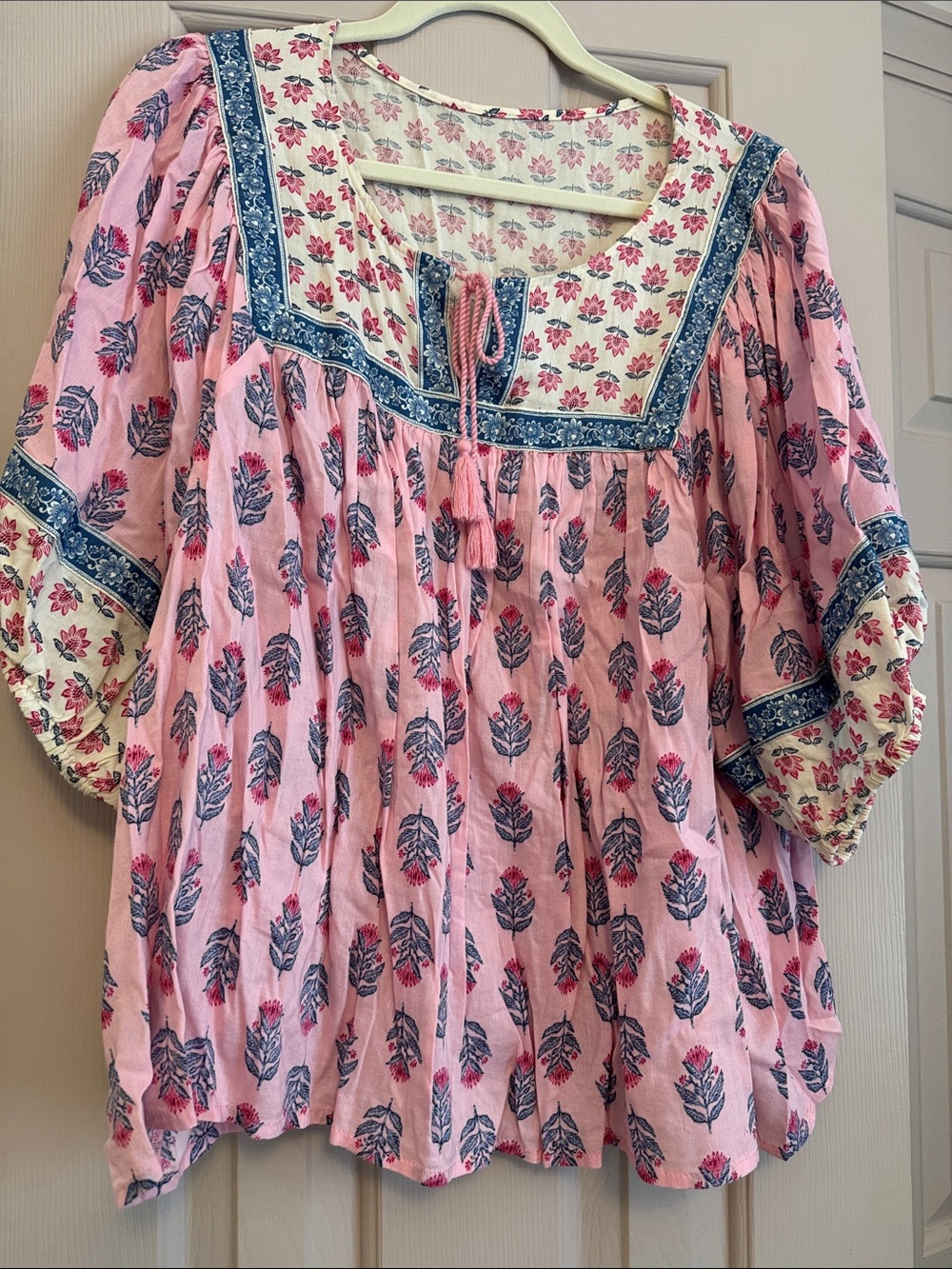 Women's Pink Floral Peasant Top with Blue Trim